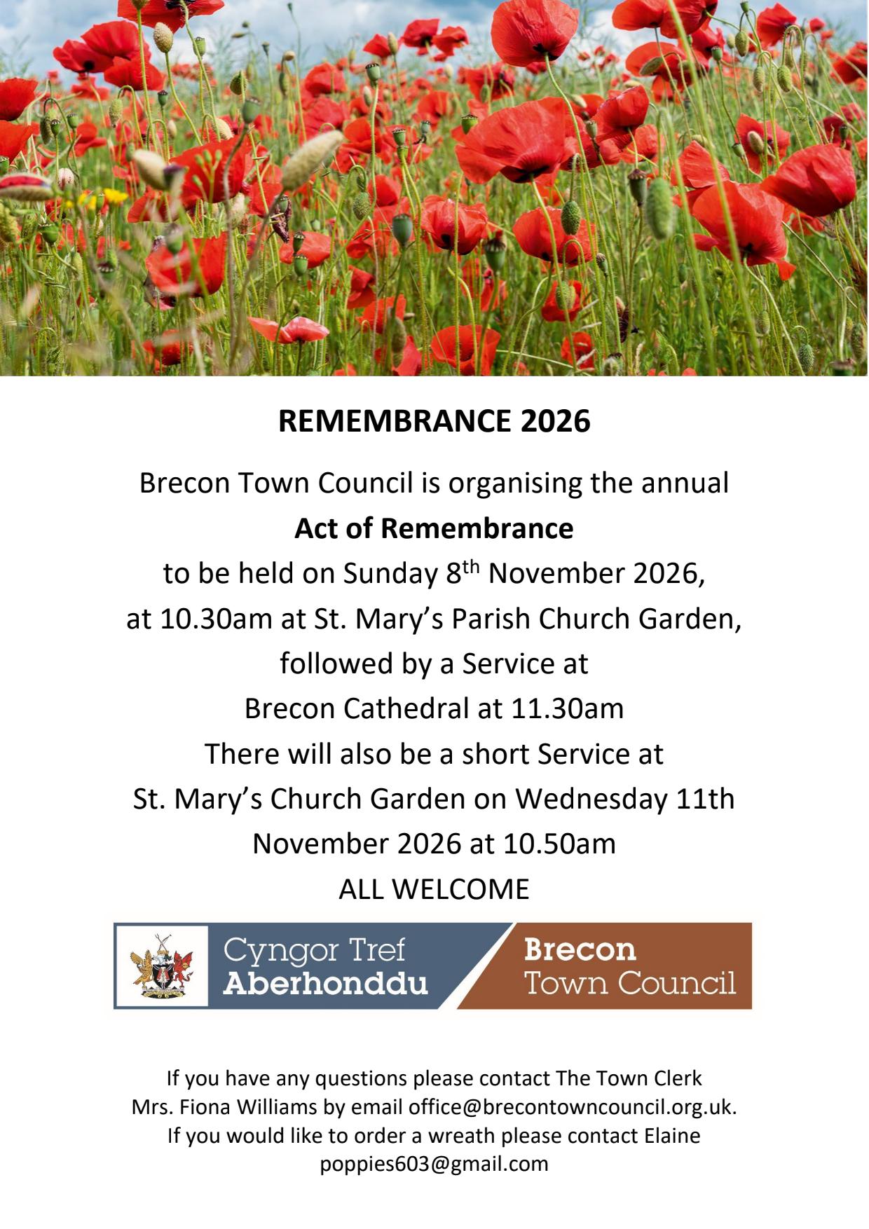 Poppy field with Remembrance 2026 event details.